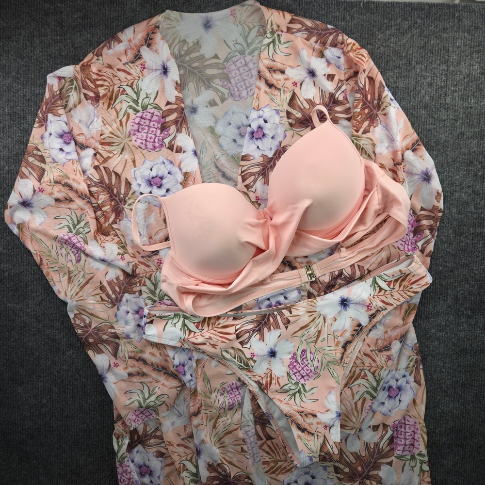 3pc Tropical Bikini Set Women XL‎ Pink Floral Mesh Coverup Beachy Summer